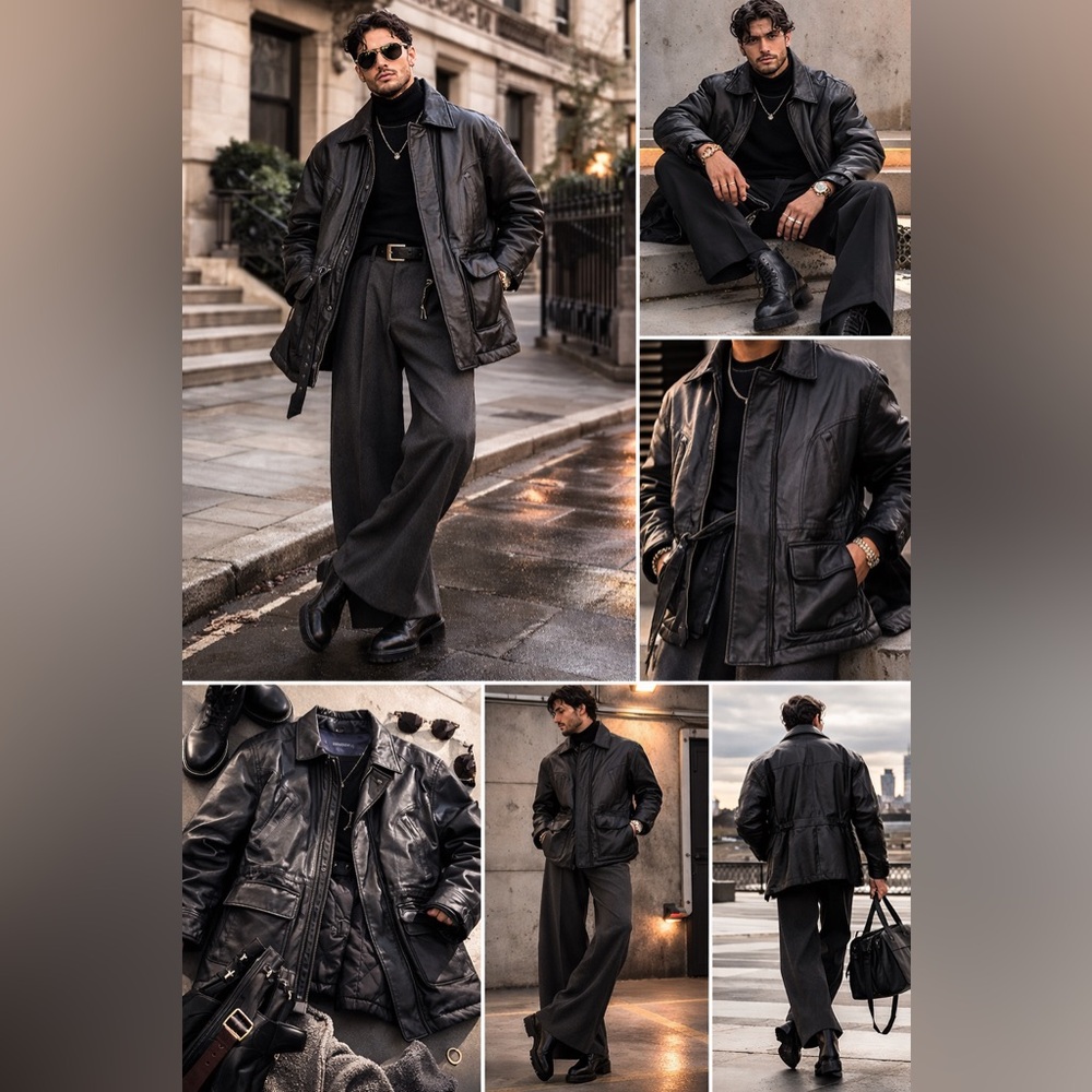 90s Minimalist Black Leather Field Jacket London Fog Utility Coat Lined S - Picture 11 of 15